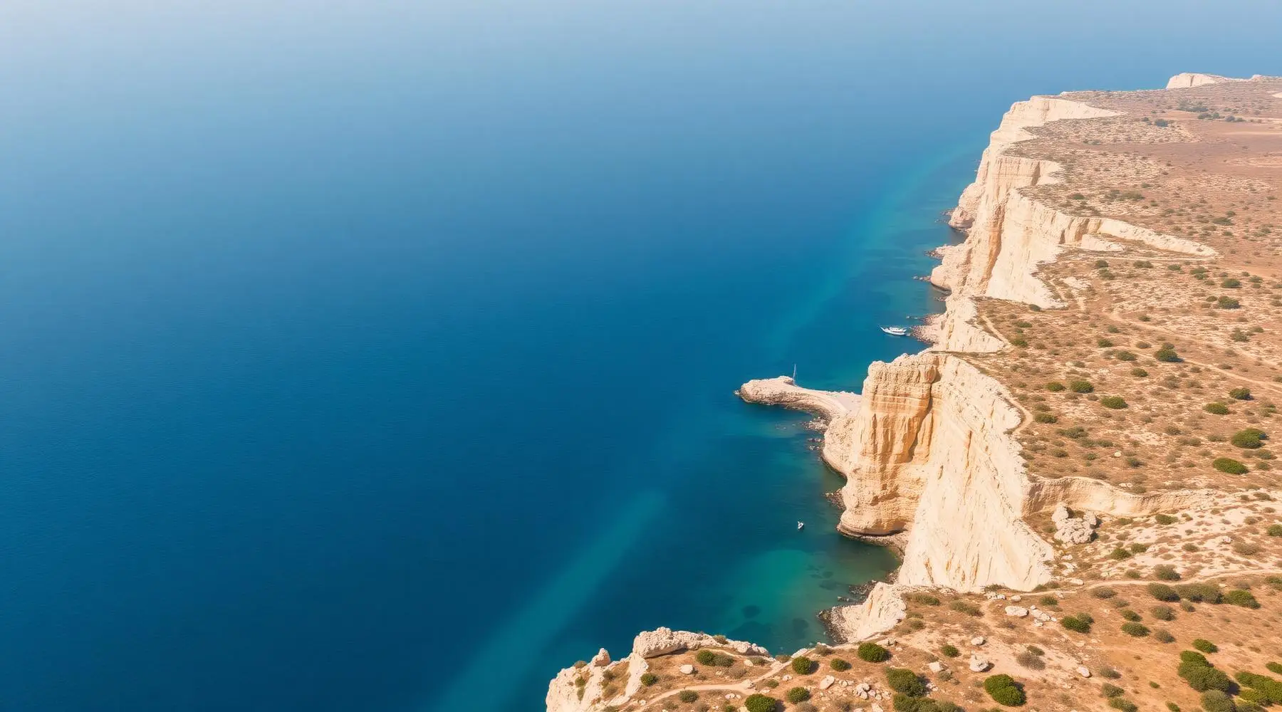 Aerial view of limestone cliffs meeting calm blue sea