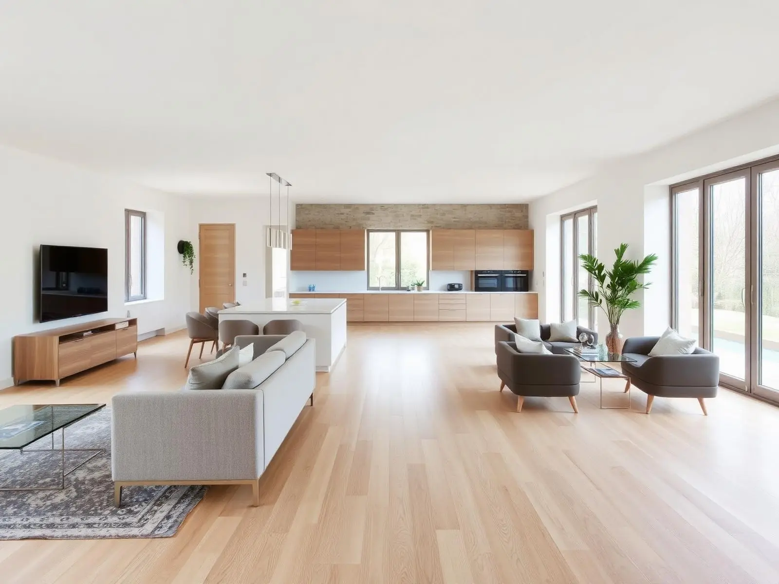 Bright contemporary open-plan living room with pale oak floors and large windows